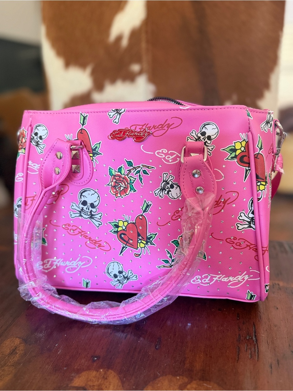 Ed Hardy Hot Pink Tattoo-Print Satchel